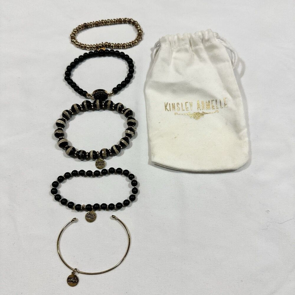 Kinsley Armelle Black & Gold Bracelet Stack • Agate Druzy Bead Set 5pc Dust Bag